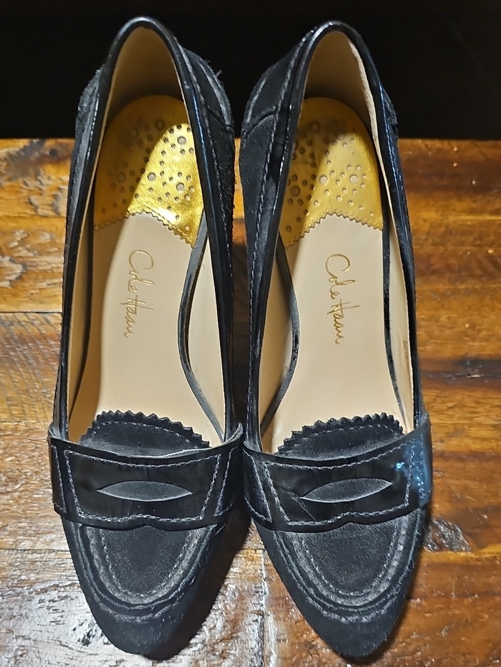 Cole Haan Black Suede Penny Loafers Style Heels with Gold Insoles